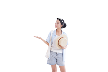 Serene Traveler Embracing a New Journey: A young woman radiates a sense of wonder as she prepares to embark on her next adventure, holding a sun hat and a tote bag in hand.