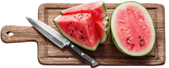 Sliced watermelon on a wooden cutting board with a knife