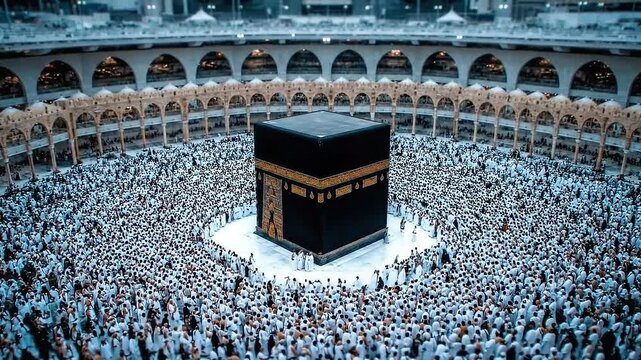 Dynamic Aerial: Millions of Pilgrims Circumambulate Sacred Kaaba in Mecca's Grand Mosque