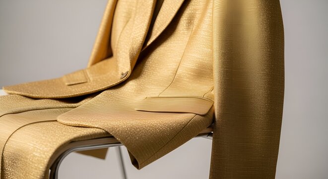 Elegant gold textured blazer draped elegantly on modern chair