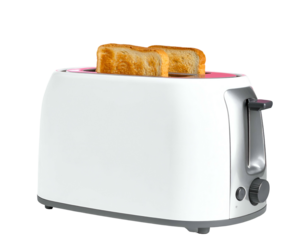 A white appliance with two slices of golden-brown toast popping up