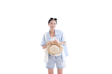 Ready for Getaway: A young woman, radiant with anticipation, poised for travel. She holds a straw hat and wears sunglasses on her head. Capturing the joy of travel.