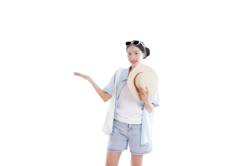 The Traveler's Invitation: A smiling female tourist gestures towards an unknown destination with an open palm, sun hat in hand, embodying wanderlust and the spirit of travel.