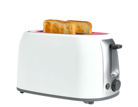 A white appliance with two slices of golden-brown toast popping up