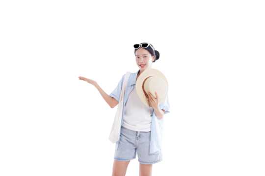 The Traveler's Invitation: A smiling female tourist gestures towards an unknown destination with an open palm, sun hat in hand, embodying wanderlust and the spirit of travel. - Powered by Adobe