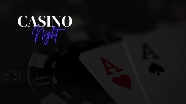 Animated banner with animation and the words Casino Night, the text CASINO in white font, Night in neon purple on a dark, blurred background with playing cards, chips, and dice. 