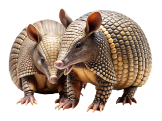 Two detailed armadillos up close showing their unique scaly armor and features