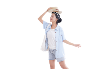 Sun-Kissed Solitude: A radiant individual embraces the warmth of the sun, shielding her eyes while enjoying a peaceful moment with sunglasses and summer hat.