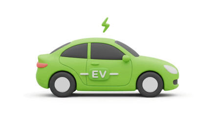 3D green electric car with EV symbol and lightning bolt.