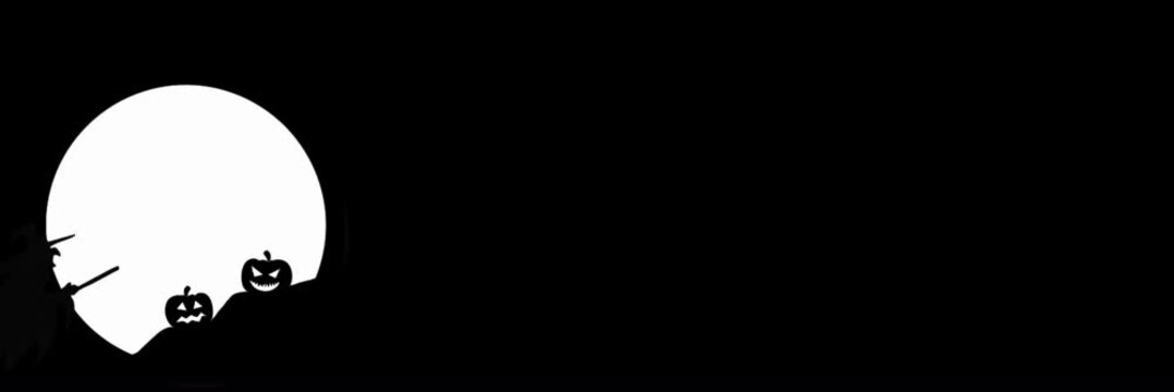 Modern animated black background,  banner with a silhouette of a witch on a broomstick flying against the backdrop of a full moon with space for  text, logo, or headline. Template for web banners 