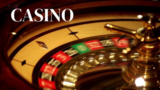 A spinning gold roulette wheel with a white ball in motion and Casino text animation in the style of a luxury casino.