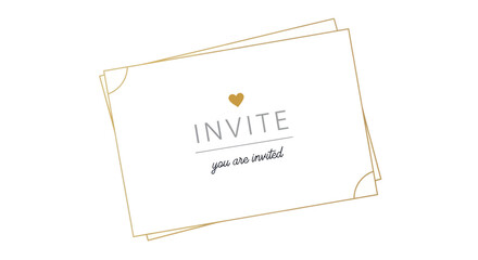 Elegant White Invitation Card with Golden Heart and Invite Text.