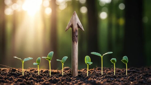 Young plants growing with a wooden arrow pointing upwards