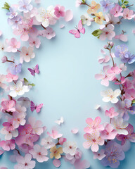Fototapeta premium Paper cutout cherry blossom floral frame with pastel butterflies and soft spring background 