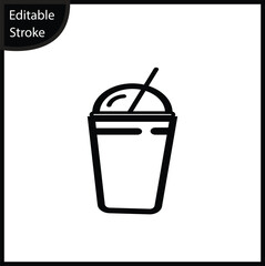 A simple line icon showing a disposable cup with a domed lid and a straw, centered on a white background. This clean, editable stroke symbol represents takeout drinks, fast food, milkshakes.