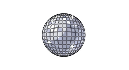 A reflective disco ball with a grid of square mirrors suspended in space.