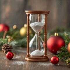 Hourglass with flowing sand, surrounded by sparkling red and gold Christmas ornaments and green fir branches, symbolizing the festive countdown and precious holiday moments