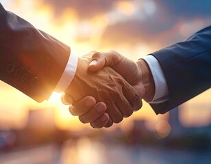 Firm Handshake Between Two Businessmen with Warm Sunset Light in Blurred Cityscape Background Agreement Collaboration Concept