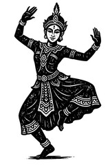 Fototapeta premium Dynamic Traditional Southeast Asian Dancer in Ornate Attire, Elegantly Posed in a Classic Black and White Woodcut Illustration. This Ancient Cultural Art Depicts Graceful Movement, Intricate Details,
