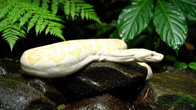 Yellow python relaxing on smooth rock amidst vibrant greenery. Serene tropical environment with rich foliage. Concept for wildlife conservation, exotic pets, nature documentaries