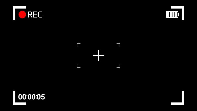 Camera REC viewfinder HUD overlay animation on alpha, yellow frame, crosshair, timer, battery indicator, 4K motion graphics