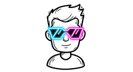 Cartoon man wearing futuristic neon-lit glasses with blue and pink glowing lenses.