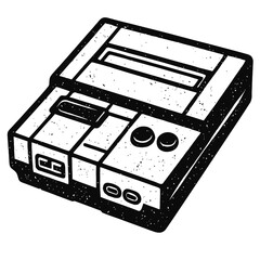 Obraz premium Vintage Retro Video Game Console Illustration - Classic 16-bit Gaming System Artwork, Black & White Grunge Style Nostalgic Entertainment Device Design. Perfect for Old School Gamers and Arcade Enthusi