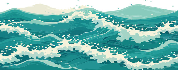 Obraz premium Vibrant turquoise ocean waves with white foam rolling toward soft hills — fresh, serene, and perfect for coastal, summer, or travel-themed designs with calming, rhythmic energy.