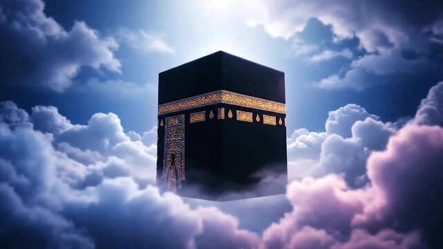 Dynamic Kaaba Revelation: Sacred Structure Emerges Through Ethereal Clouds with Divine Light