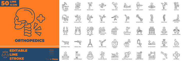 Orthopedics Line editable icon set. Contain icons related to orthopedics, bone, joint, and more