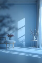 Elegant Interior Scene Soft Blue Room with Ornate Molding, Sheer Curtains, Floral Accents, and Natural Shadows for Lifestyle and Mindfulness Design Themes