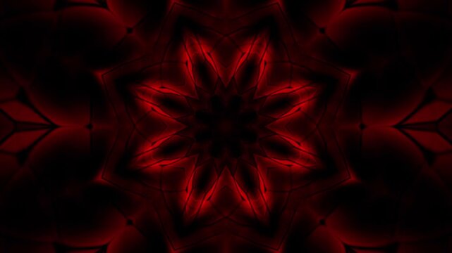 A mesmerizing 4K kaleidoscope animation featuring a vibrant red stained-glass flower pattern in continuous motion.