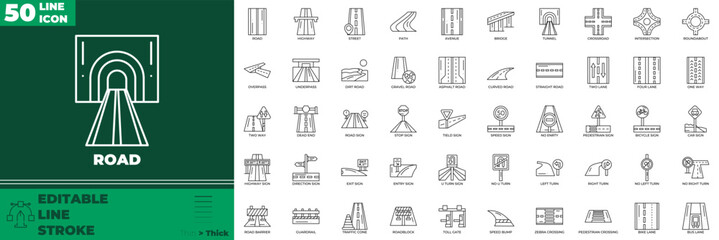 Road Line editable icon set. Contain icons related to road, street, highway, route, and more