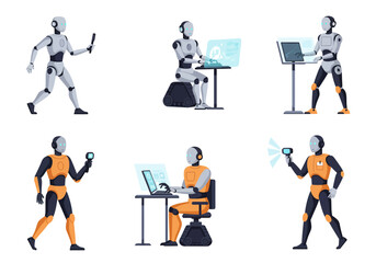 Futuristic Robots Engaged in Everyday Activities A Set of Vector Illustrations