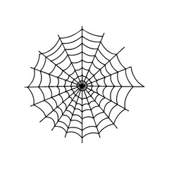 Obraz premium Spider web vector line art with symmetrical threads and radial pattern, minimal Halloween outline illustration for spooky decor, tattoos, or gothic graphic designs.