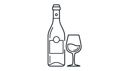 Minimalist Line Art Icon of Wine Bottle and Glass.