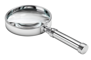 Magnifying glass explores intricate details of a small object on a transparent backdrop