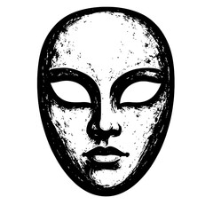 Black and white abstract mask with distressed brushstrokes, featuring a stylized face, hollow eye sockets, prominent nose, subtle lips. Evokes alien, spiritual, tribal, ancient aesthetics for modern a