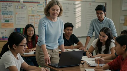 Realistic classroom scene teacher leading diverse students using laptop - Powered by Adobe