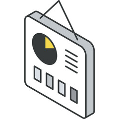 Isometric Icon Depicting a Pie Chart and Bar Graph With Four Boxes Below On A White Background With A Hanging String Representing Content Creation Data Analysis And Visual Information