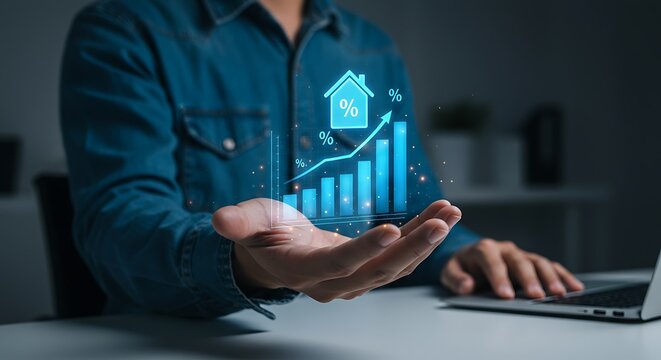 Futuristic real estate technology. A person's hand presents a digital interface with data on rising mortgage rates and property market analysis - Powered by Adobe
