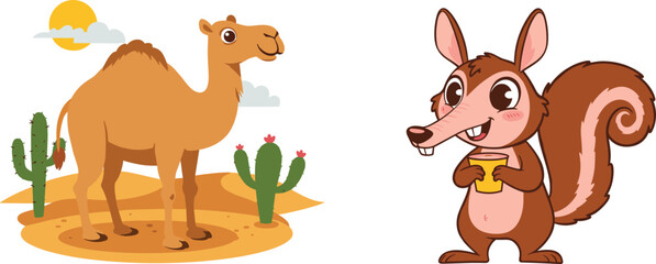 Cute Cartoon Dromedary Camel Standing in Desert Landscape with Cacti Next to Chipmunk or Squirrel Drinking from a Mug, Funny Wildlife Characters on White Background.