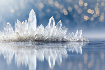 White quartz crystals growing from still blue water surface under sparkling bokeh