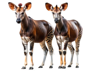 Two majestic okapis stand together captivatingly detailed photographic portrait isolated on a clean backdrop