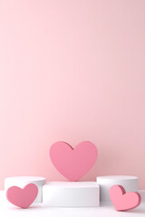 Pink heart shapes showing love and romance on white product display stands with copy space
