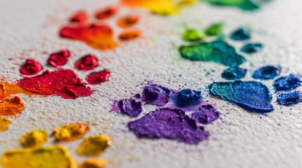 Obraz premium Realistic close-up of rainbow-colored paw prints painted on textured white paper, colorful paint splashes