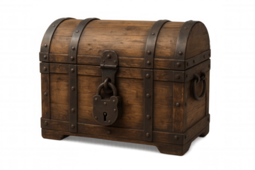 Old wooden pirate treasure chest with ornate metal padlock, symbolizing security, wealth, and adventure, on transparency