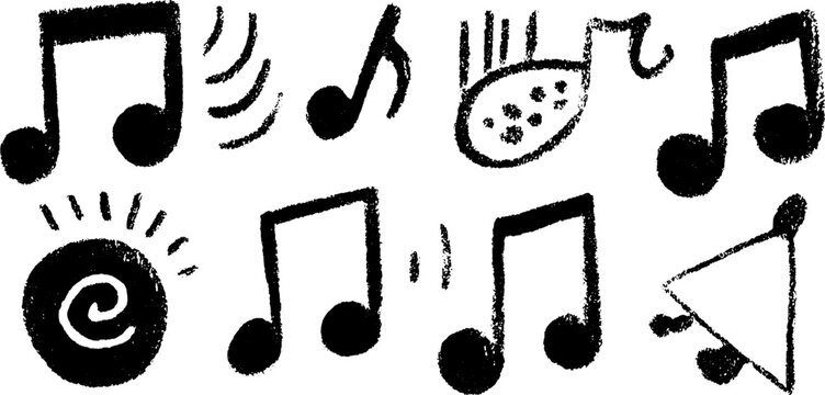 Set of music notes and sound icons in a flat design style. Modern vector illustration with black and white textures and various shapes.