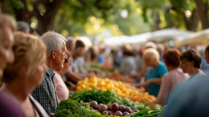 Lively outdoor market with fresh produce and crowds, thriving commerce in community trade, market innovation through vibrant settings, agricultural vitality in market stalls, consu