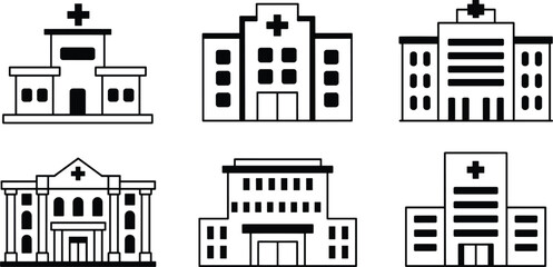 Obraz premium Collection of six black and white hospital building icons, minimalist medical center designs, healthcare facility illustrations,